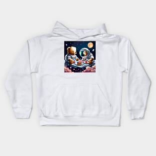 Two Teddy's in space suits having a romantic dinner on the Moon Kids Hoodie